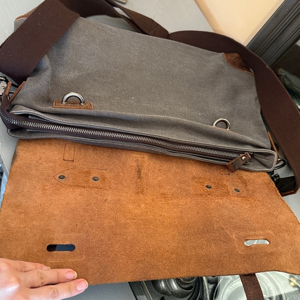 Brown and Gray Leather Messenger Bag - Picture 6 of 9